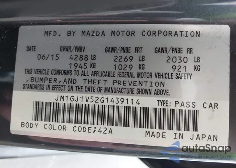 2016 Mazda Mazda6 I Touring from USA, damaged, VIN JM1GJ1V52G1439114